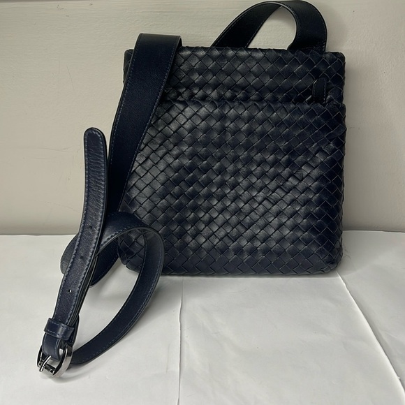 Serajean Ferrara Navy Blue Woven Leather Ziptop Crossbody Bag Made in Italy - Picture 2 of 12